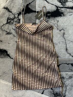 Sleeveless Polka Dot Shift Dress in Brown and Cream